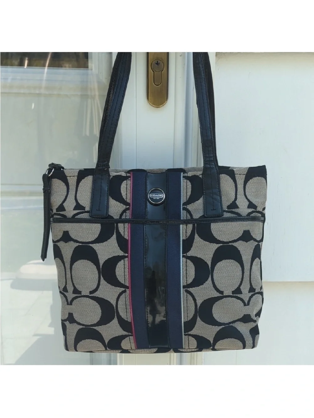 Coach Signature Tote in Black, Tan and Navy with Purple Stripe